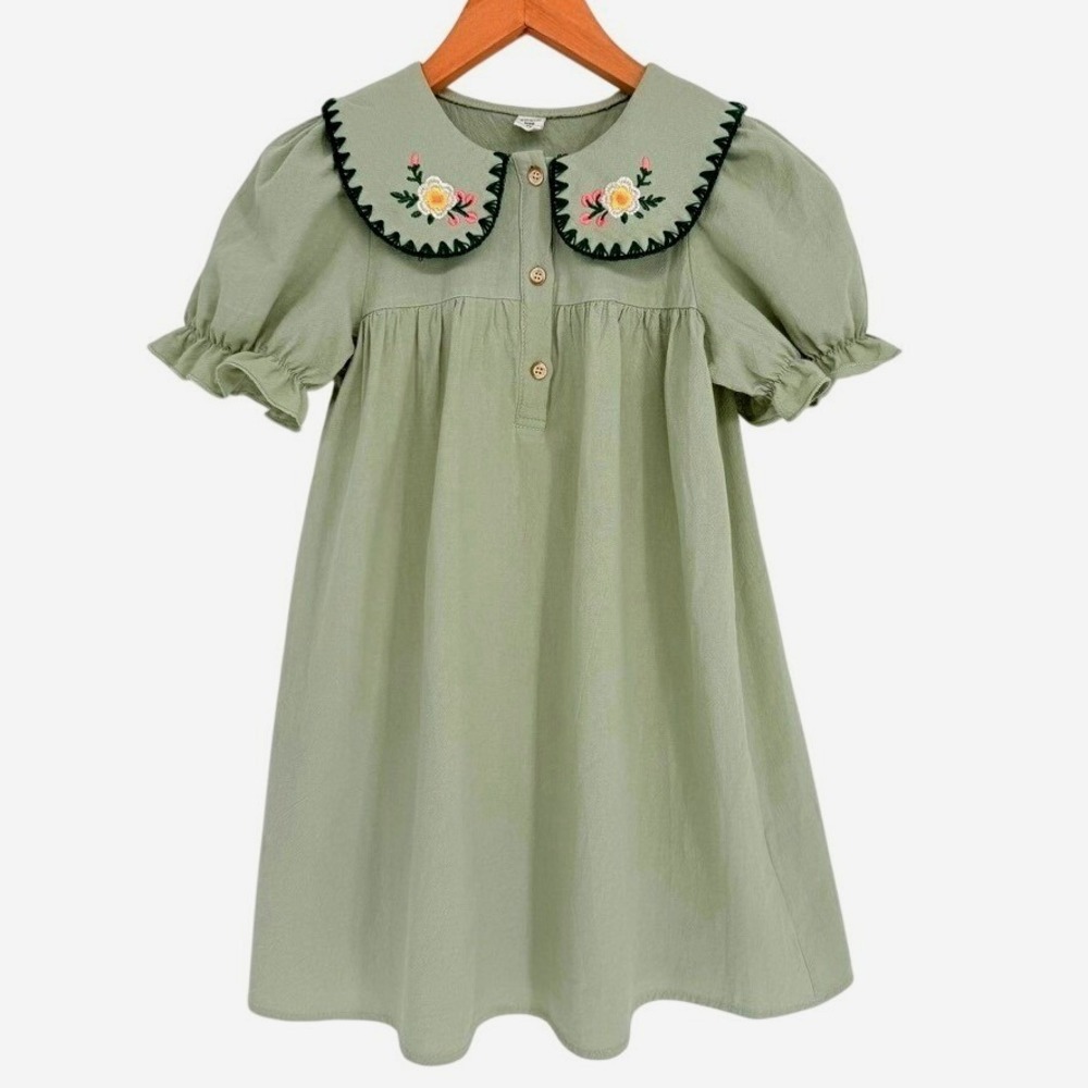 Kids Sage Green Floral Embroidered Peter Pan Collar Dress Size 7Y 100% Cotton